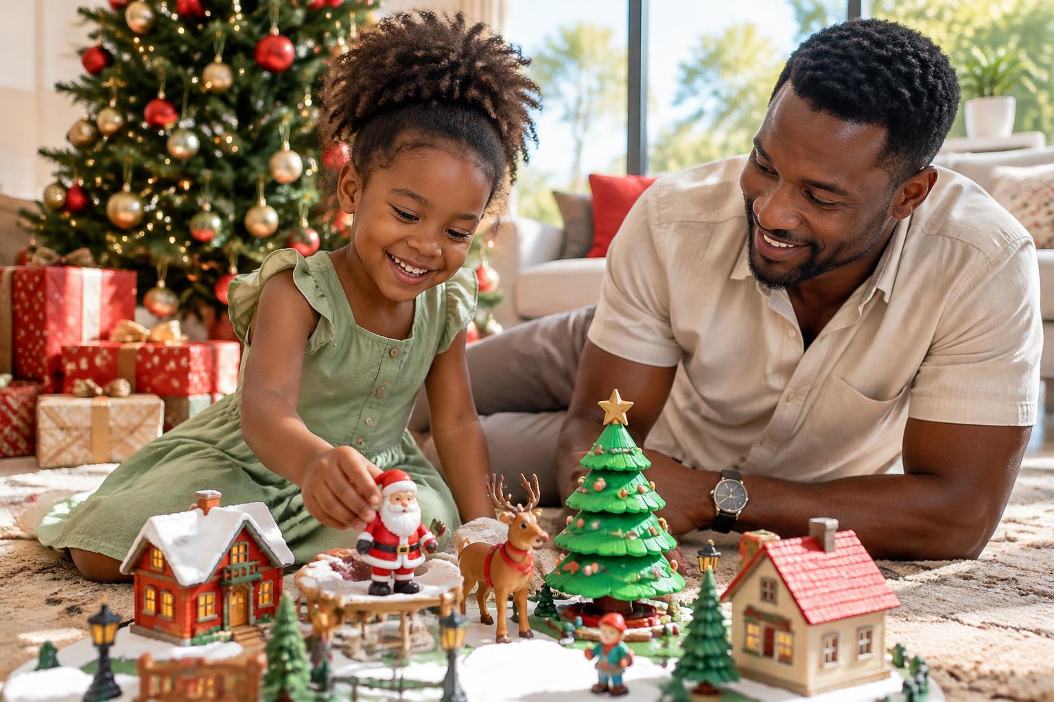 A father and daughter playing with Christmas village toys together